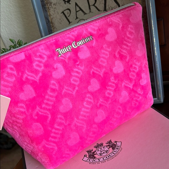 Juicy Couture Handbags - Juicy Couture Pink Velour Love Print Cosmetic Bag